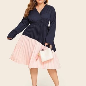 Surplice neck cut and sew pleated dress